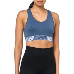 imageNew Balance Womens Seamless Wirefree Racerback Sports Bra with Removable Pads Bottom Band with LogoVintage Indigo