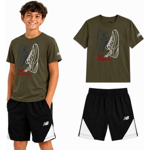 image:imageNew Balance Boys Athletic Shorts Set  2 Piece Cotton Blend Jersey Shirt and Active Basketball Shorts for BoysDark OlivineBlack